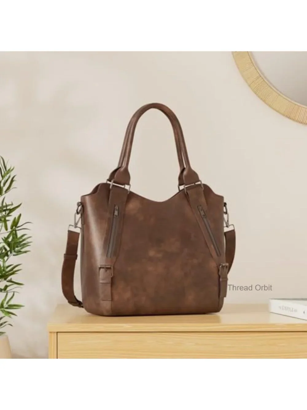 Large Hobo Shoulder Bag with Multiple Pockets, Vegan Leather Tote